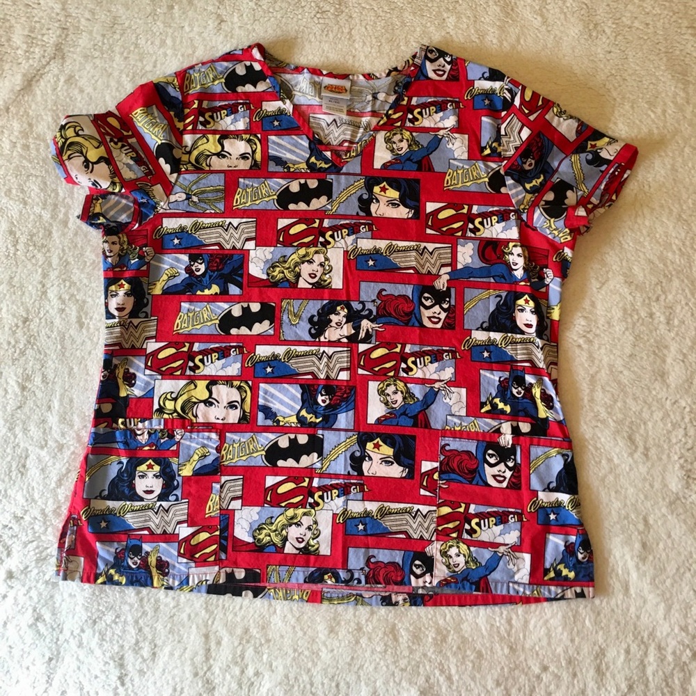 Batgirl, Wonder Woman, and Supergirl scrub top.
